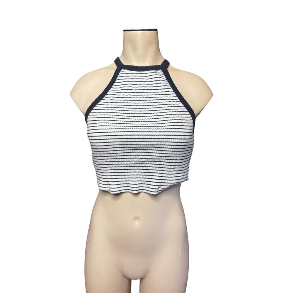Hollister Women’s Medium Cropped Tank Top Black/White Striped Halter Knit 2000s